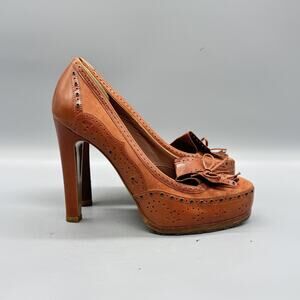 Tabitha Simmons Shoes Womens 7.5 Brown Leather Tassel Bow Heel Platform Pumps